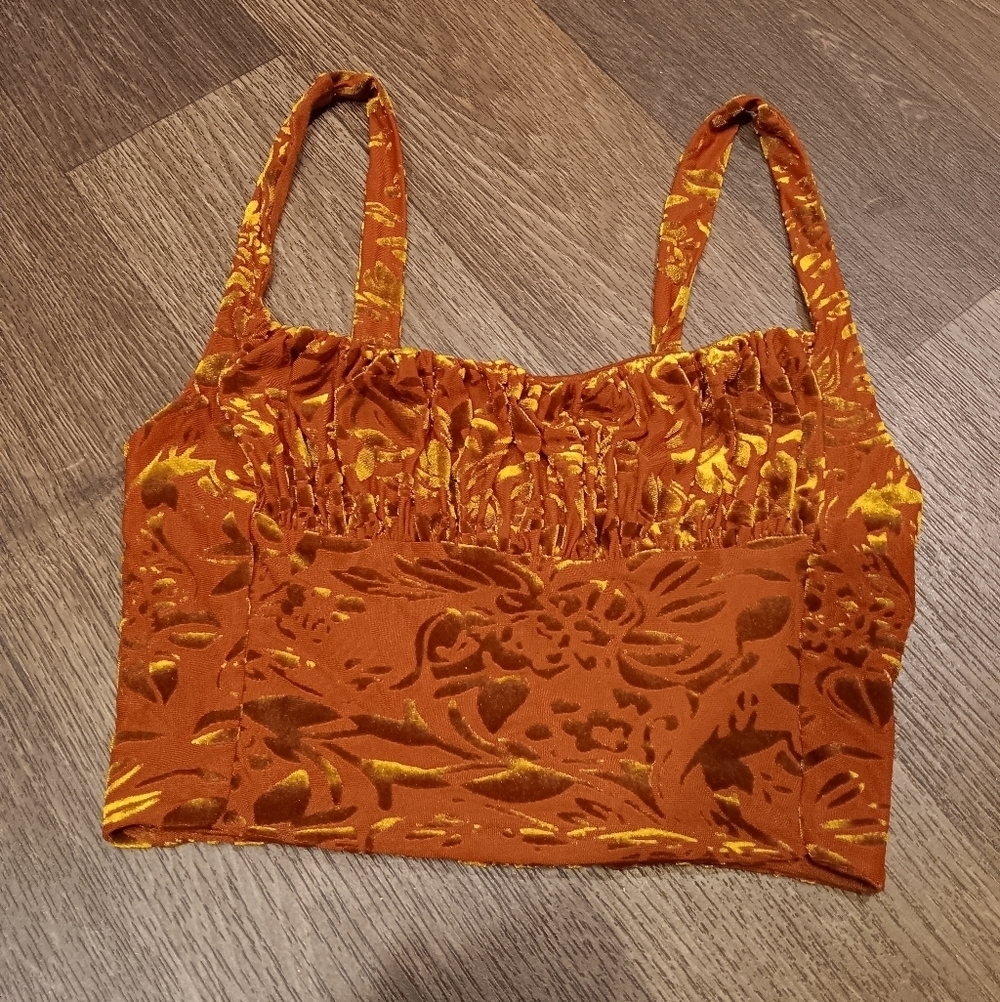 Urban Outfitters Crop Top Size Small Bronze Velvet Strappy Cropped Smocked